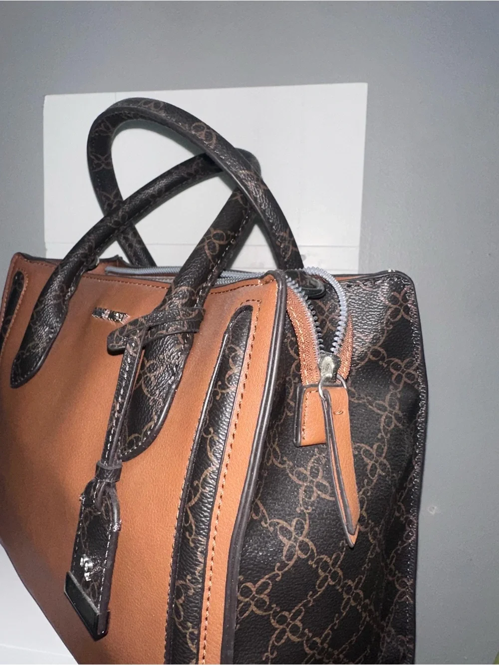 Nine West Brown and Black Contrast Leather Satchel